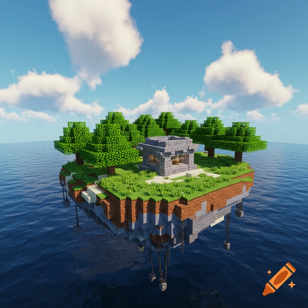 A floating island in a blue ocean with a stone building and trees, rendered in a realistic Minecraft style.