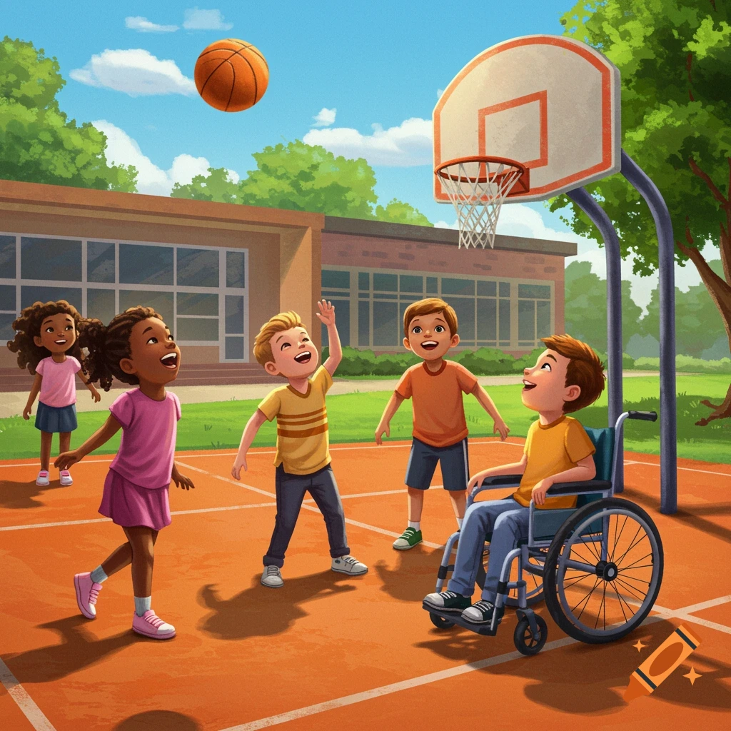Children play basketball outdoors, one child in a wheelchair watches, sunny day, painterly style.