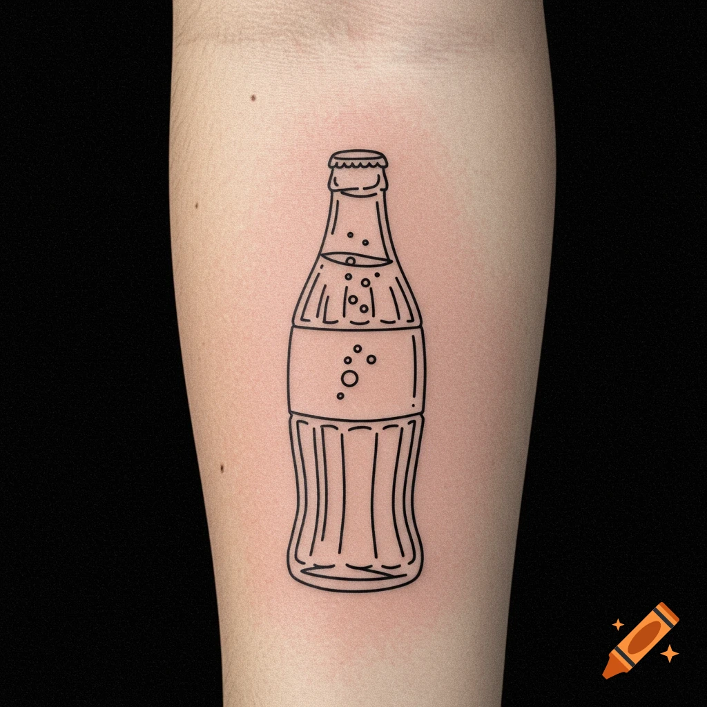 A line drawing tattoo of a soda bottle on an arm.
