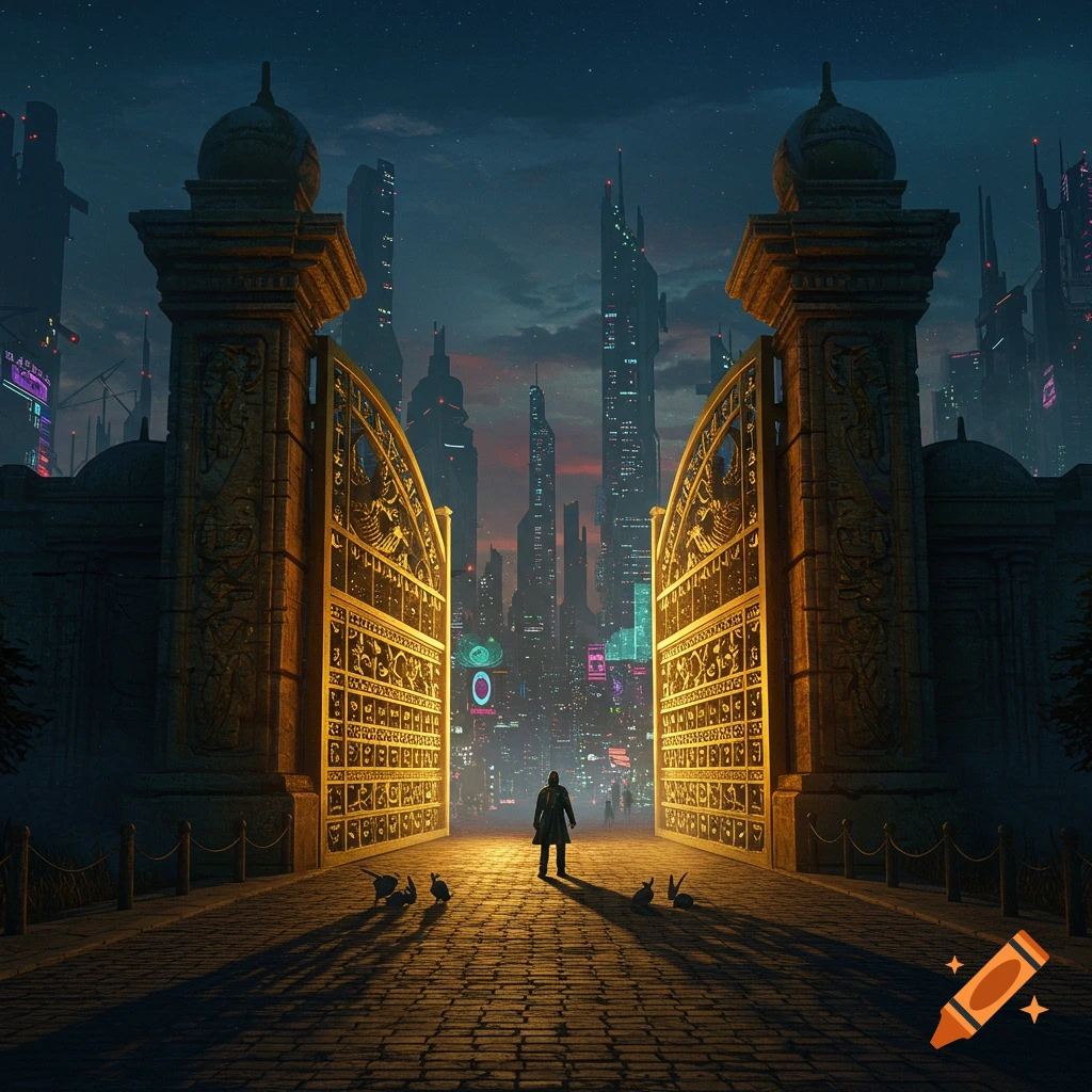A figure standing before large golden gates opening onto a futuristic city at night.