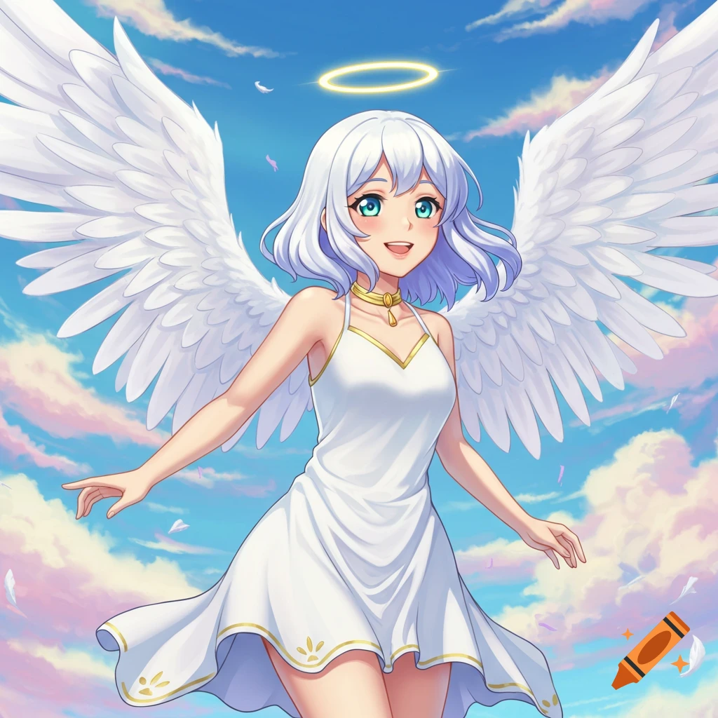 An anime character with white wings and halo flies in a cloudy sky