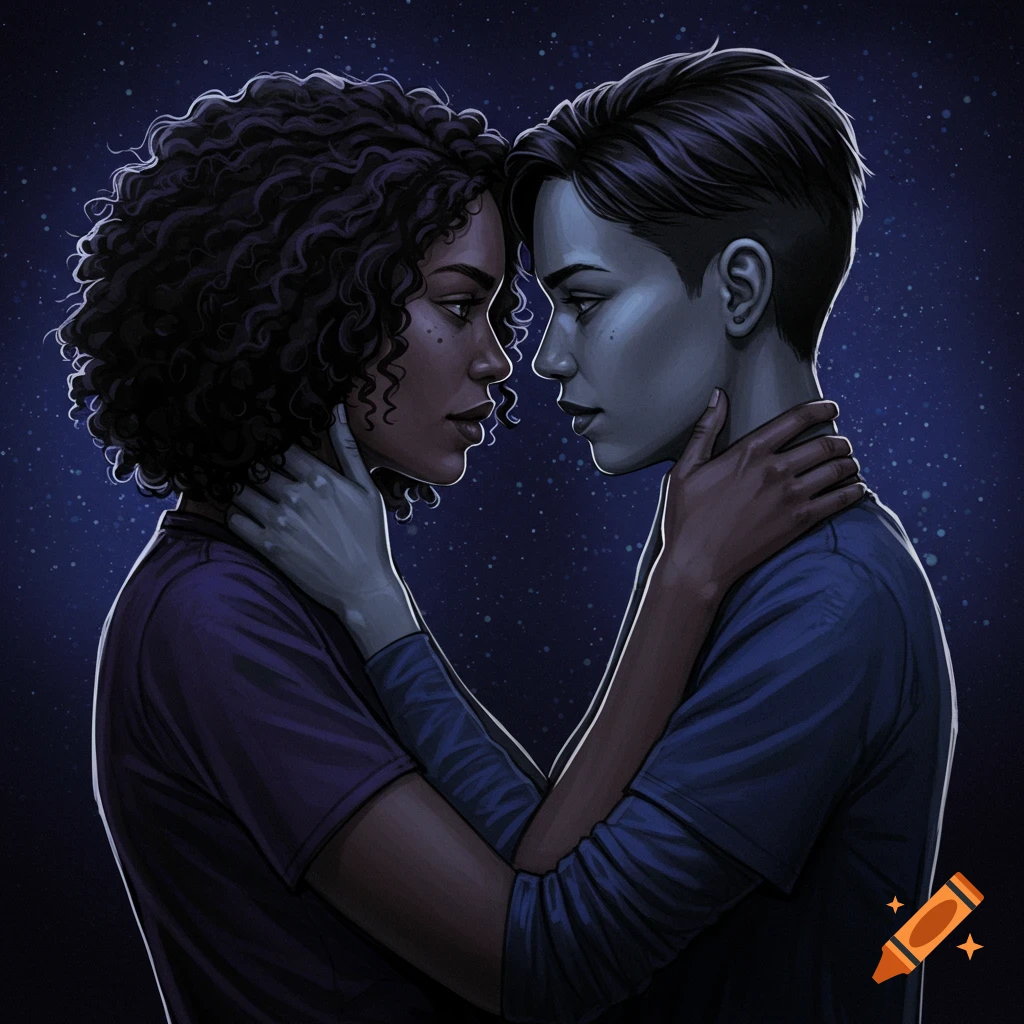 Illustration of two women embracing under a starry night sky. on Craiyon