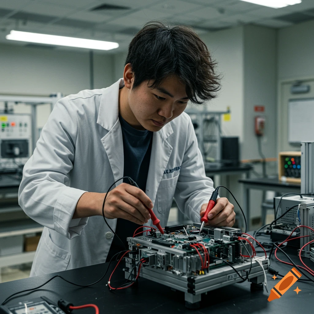 Photorealistic photo of an engineering student testing a prototype in a lab with multimeters.