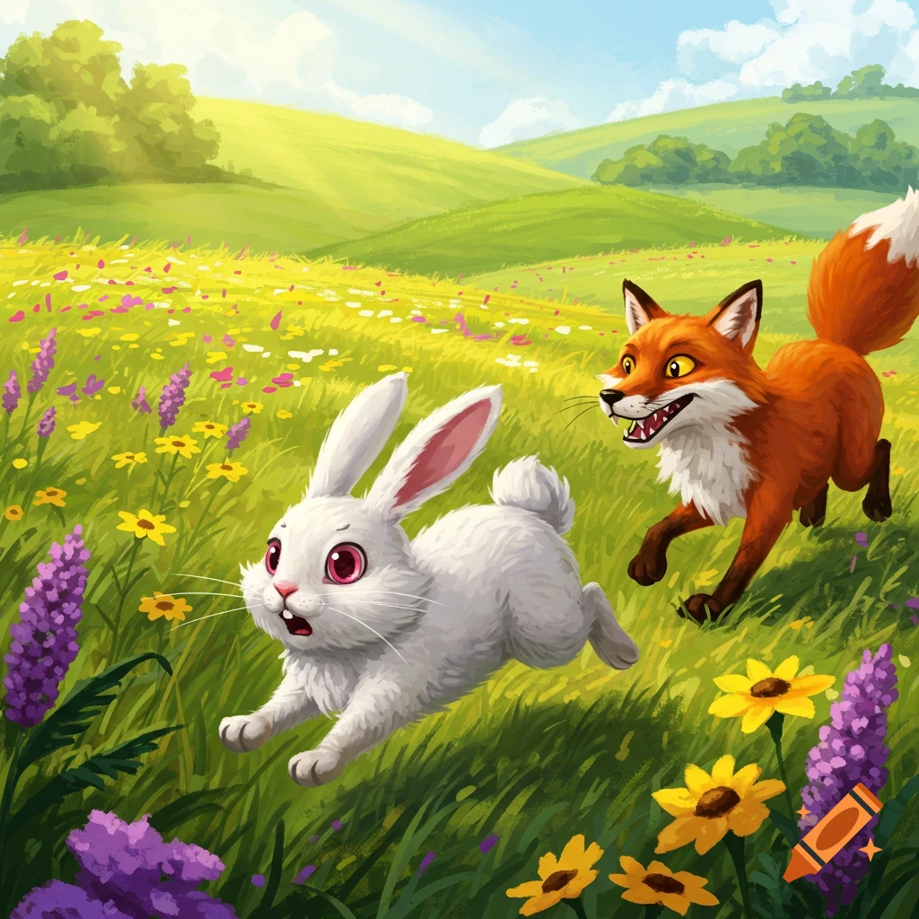 A white rabbit runs from a red fox through a field of colorful flowers.