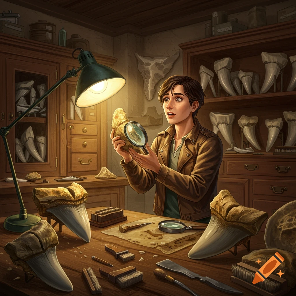 Person examining large fossil tooth in a study with magnifying glass.