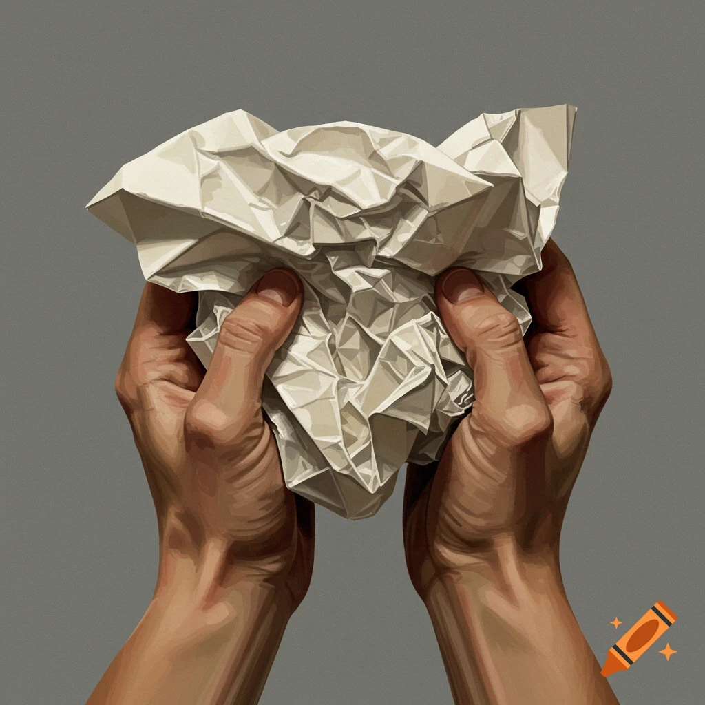 Two hands holding crumpled paper