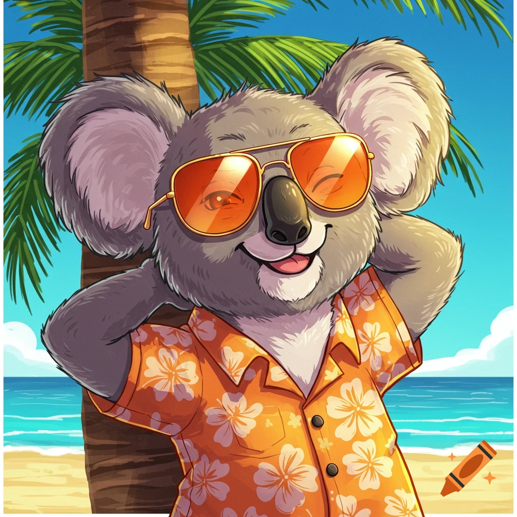 Cartoon koala in sunglasses and Hawaiian shirt leaning on a palm tree on a beach