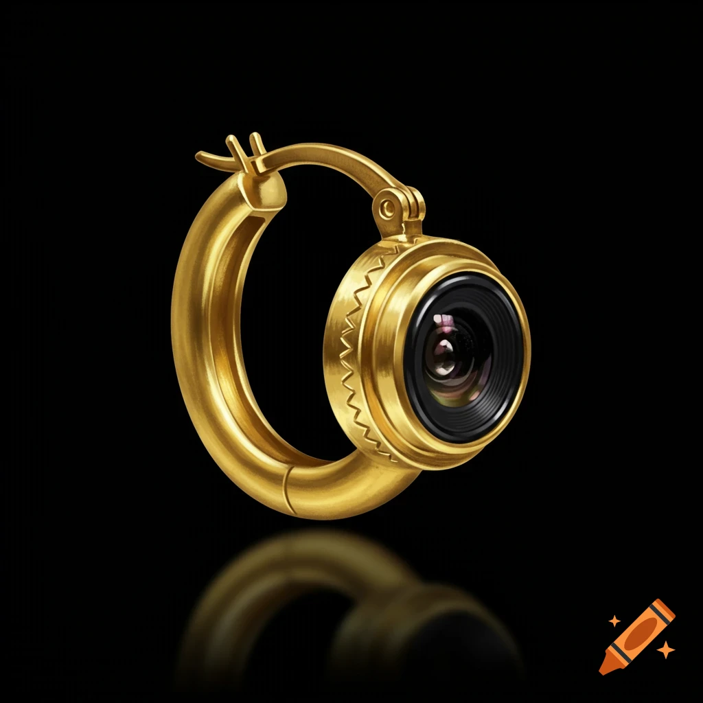 A gold hoop earring with a built-in camera lens on a black background.