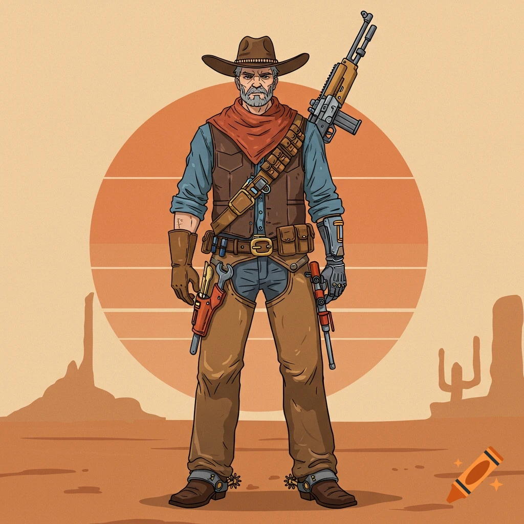 Vector illustration of a futuristic cowboy with weapons in a desert landscape.