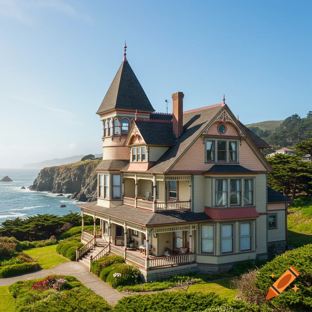 A large ornate Victorian house stands on a cliff overlooking the ocean with gardens in the foreground.