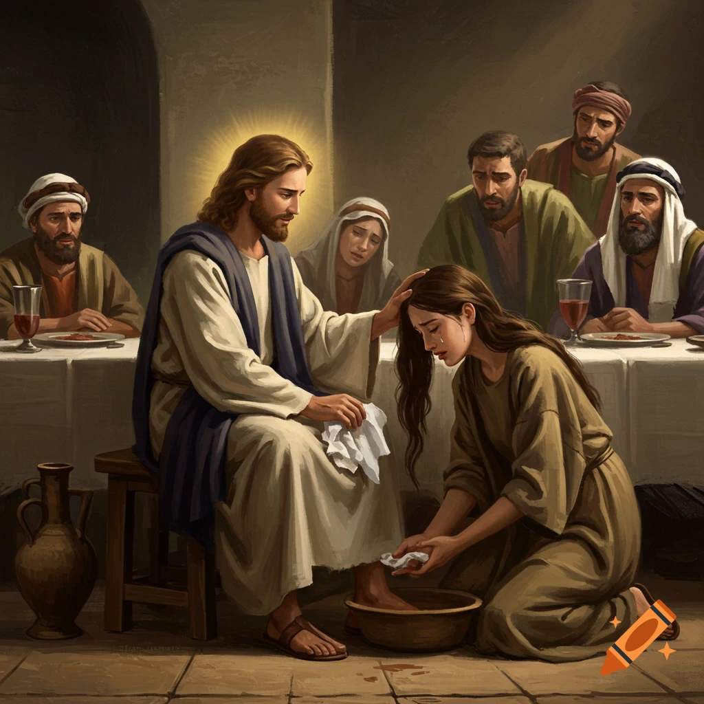 A painting of Jesus washing a woman's feet at a table with disciples watching.