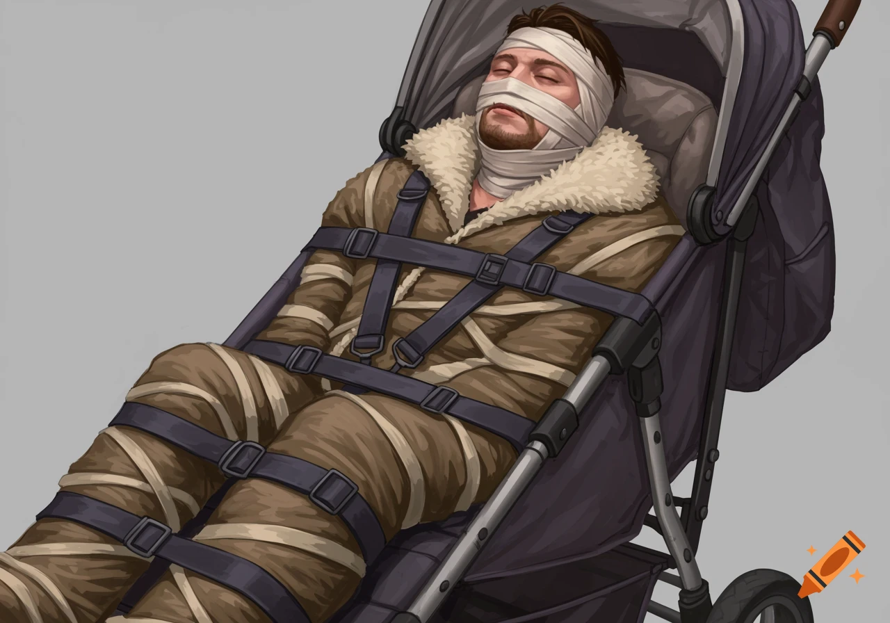 A man swaddled in bandages and straps sits in a stroller.