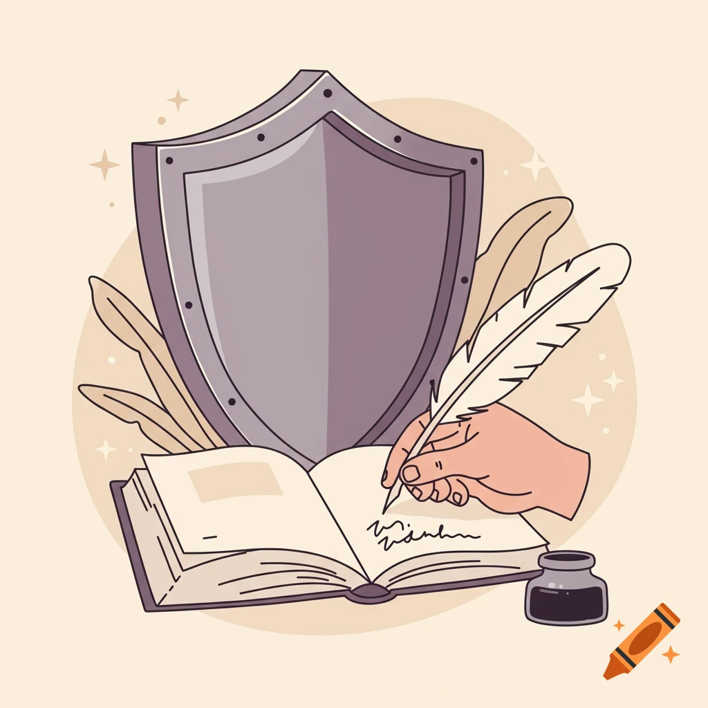 Illustration of a hand writing in an open book with a feather pen, inkwell, and shield