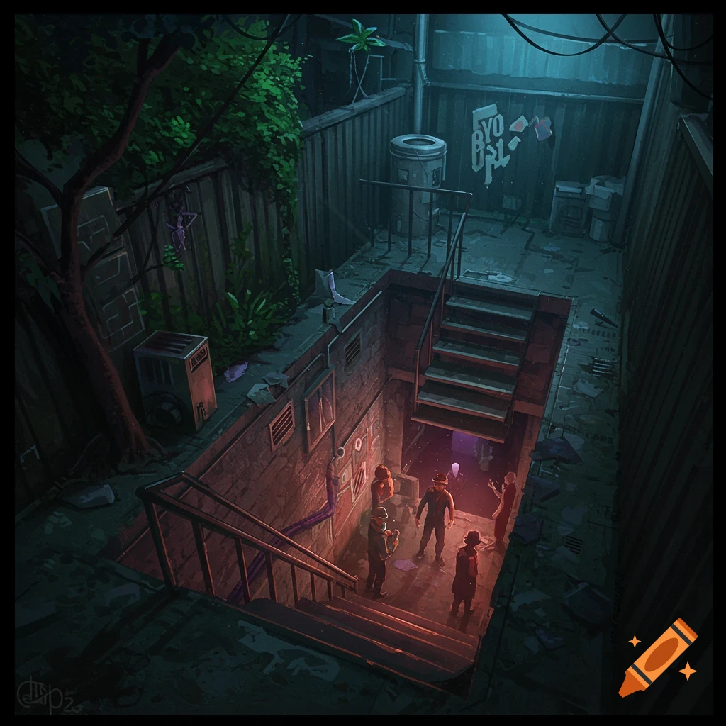 People entering a dark backyard staircase leading to a secret underground party.