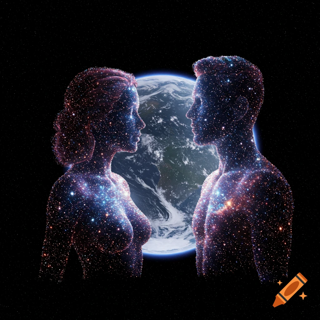 Two human figures made of stars face each other with Earth behind them in space.