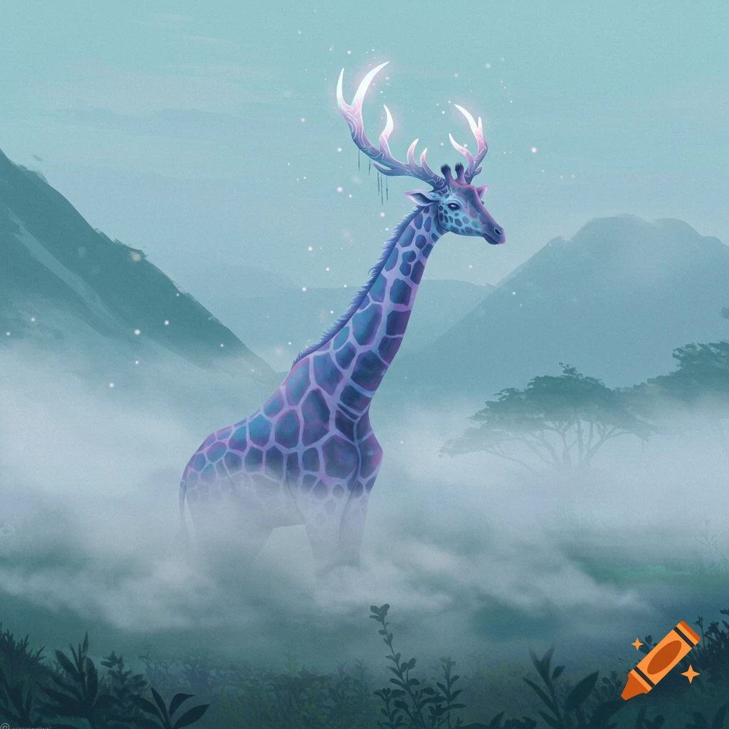 A mythical giraffe with glowing antlers stands in a misty mountain landscape.