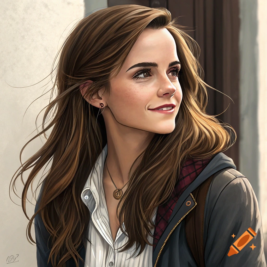 Illustration of a young woman with long brown hair, smiling and looking away, wearing a jacket and shirt.