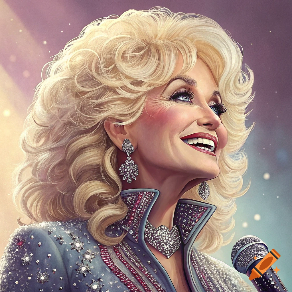 Stylized portrait of Dolly Parton singing into a microphone, wearing a sparkly outfit and large earrings.