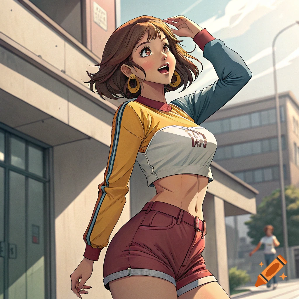 Anime illustration of a woman in a crop top and shorts looking up on a city street.