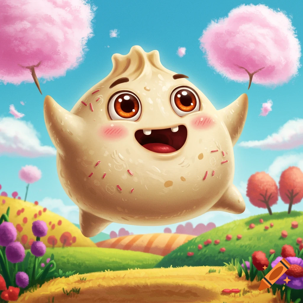 Cartoon dumpling character floating in a fantasy landscape with cotton candy trees.