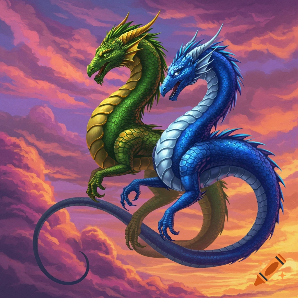 Two dragons, one green and one blue, fly in a sunset sky.