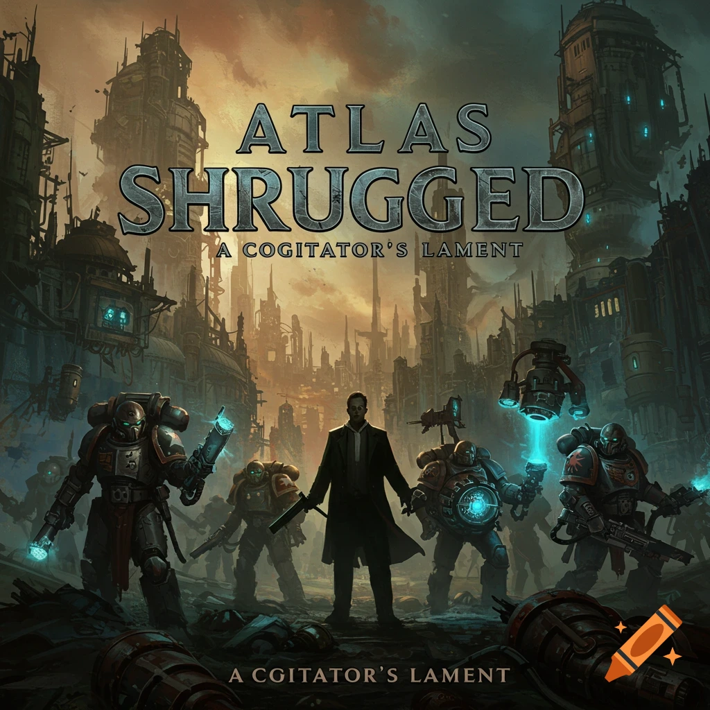 Illustrative cover art of a man and armored figures in a dark sci-fi city with text overlay.