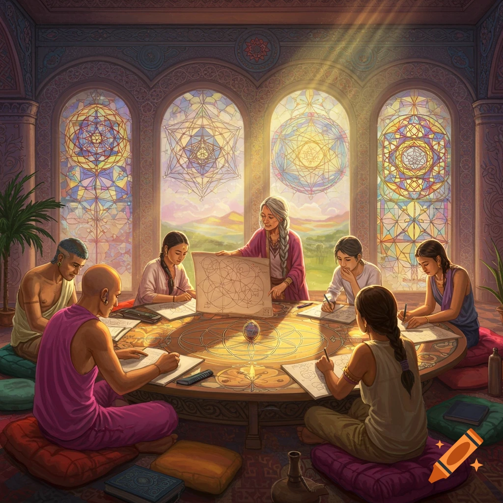 A group studying sacred geometry in a sunlit room with large stained glass windows.