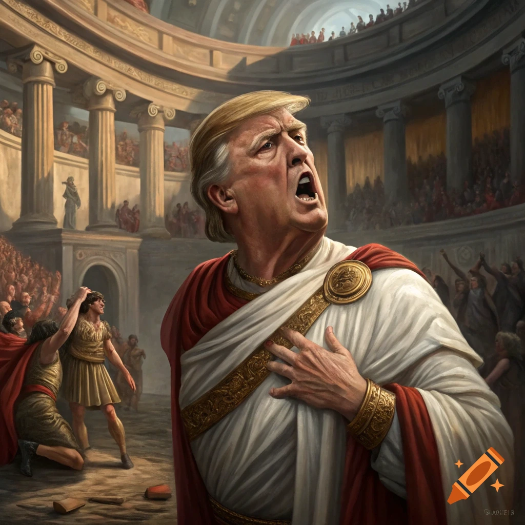 Painting of Donald Trump dressed as Julius Caesar in a dramatic pose in a crowded Roman Senate building.