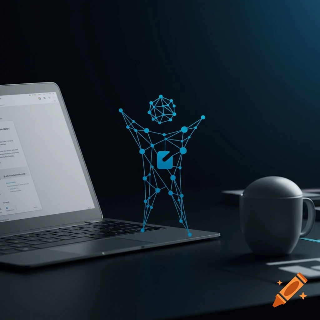 A laptop, coffee mug, and a blue digital human figure logo are on a dark desk.