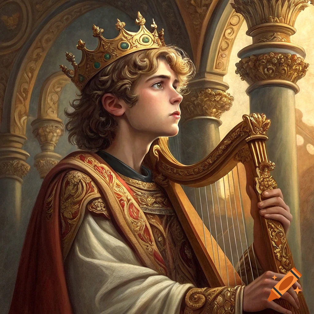 A young man wearing a golden crown and ornate robe plays a harp in a classical architectural setting.