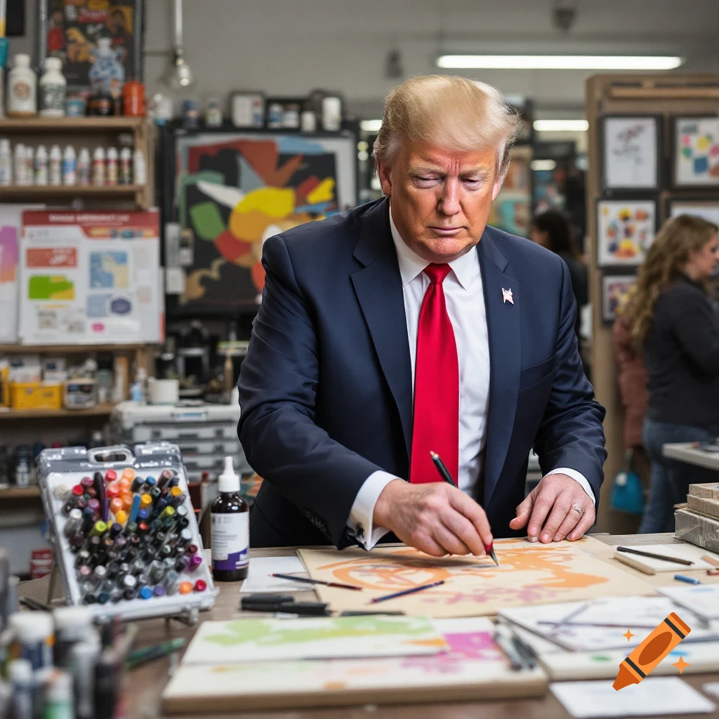 Donald Trump drawing on paper in an art studio filled with supplies
