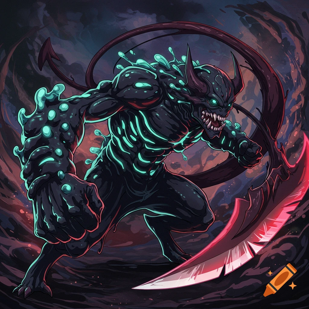Anime illustration of a dark monstrous creature with glowing green markings and a large red scythe.