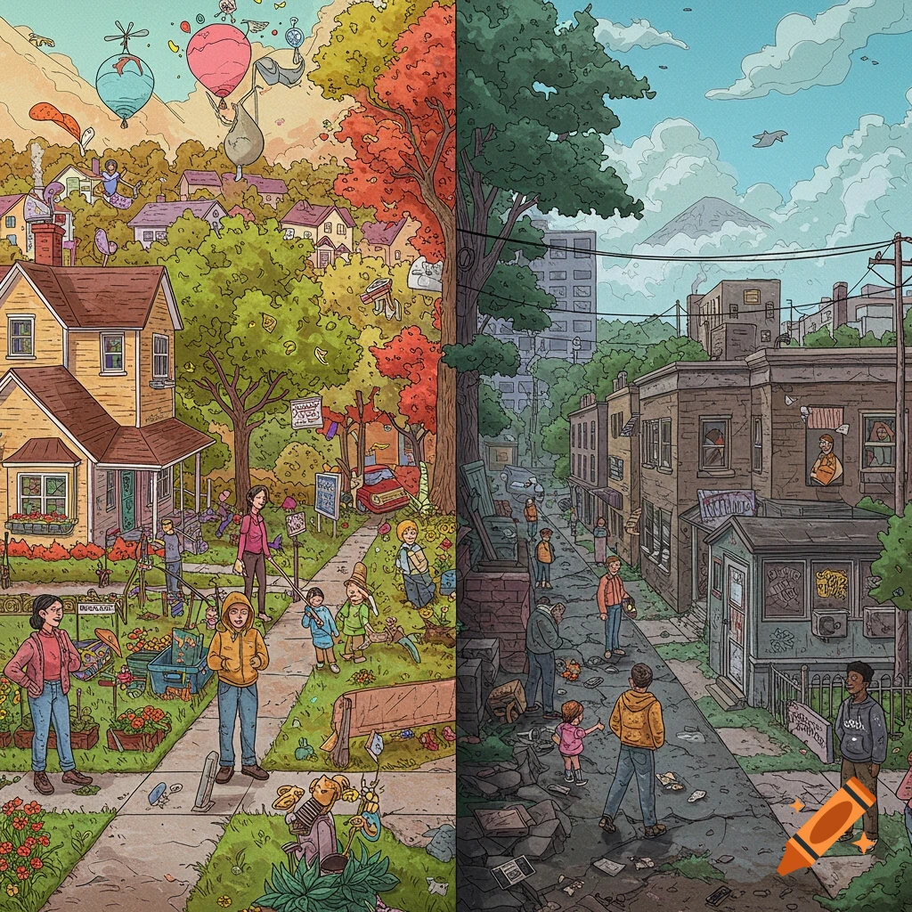 A detailed illustration split down the middle shows a vibrant neighborhood on the left and a dilapidated one on the right, both with people.