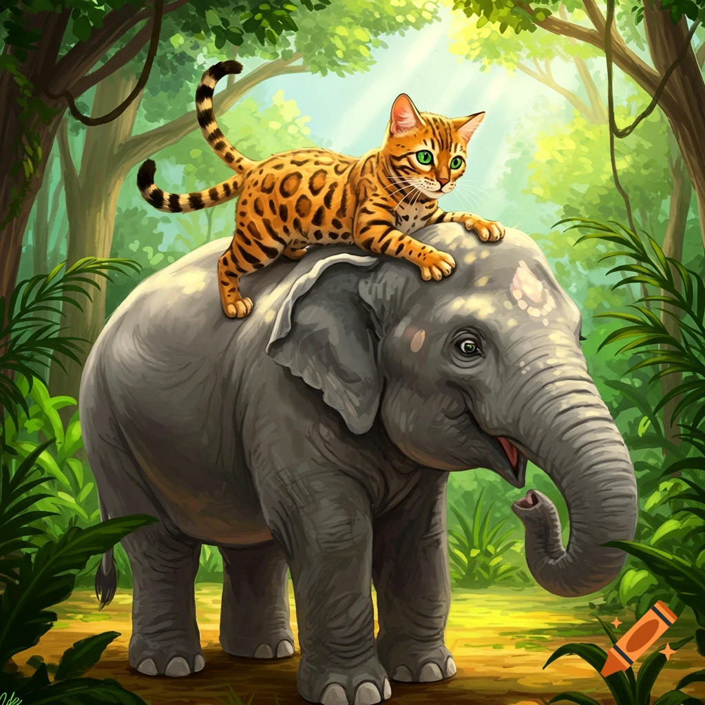 A Bengal cat riding an elephant in a jungle.