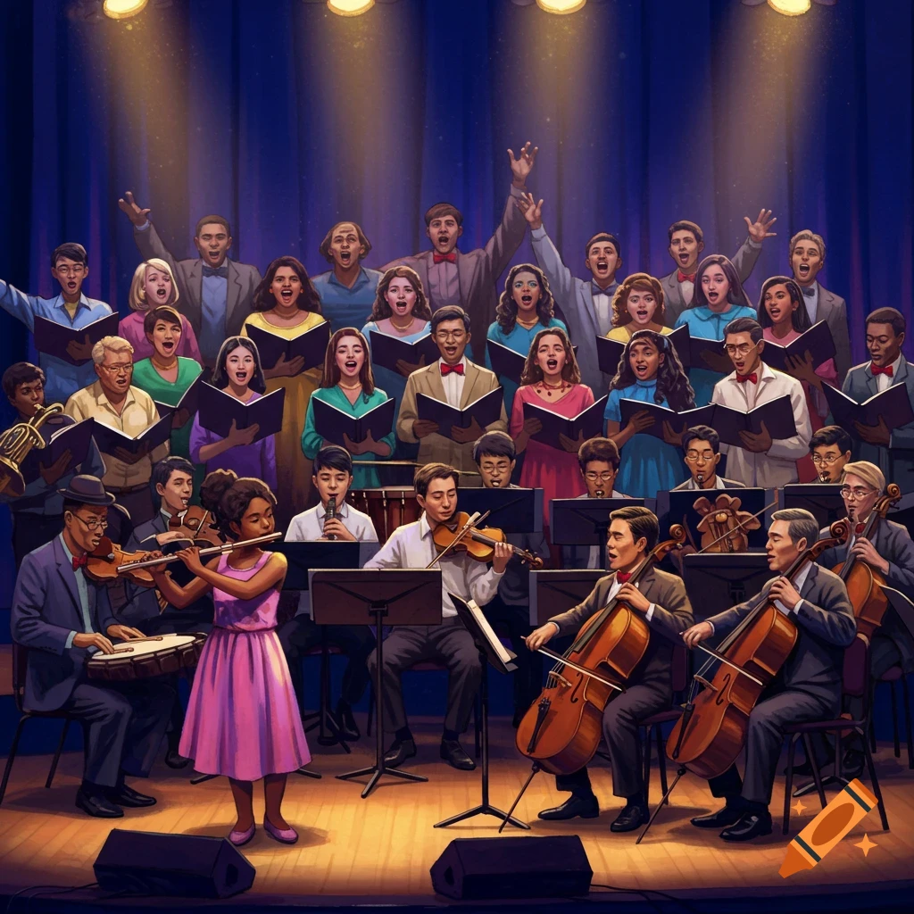 A large group of people are performing music on stage, including a choir, orchestra, and band.