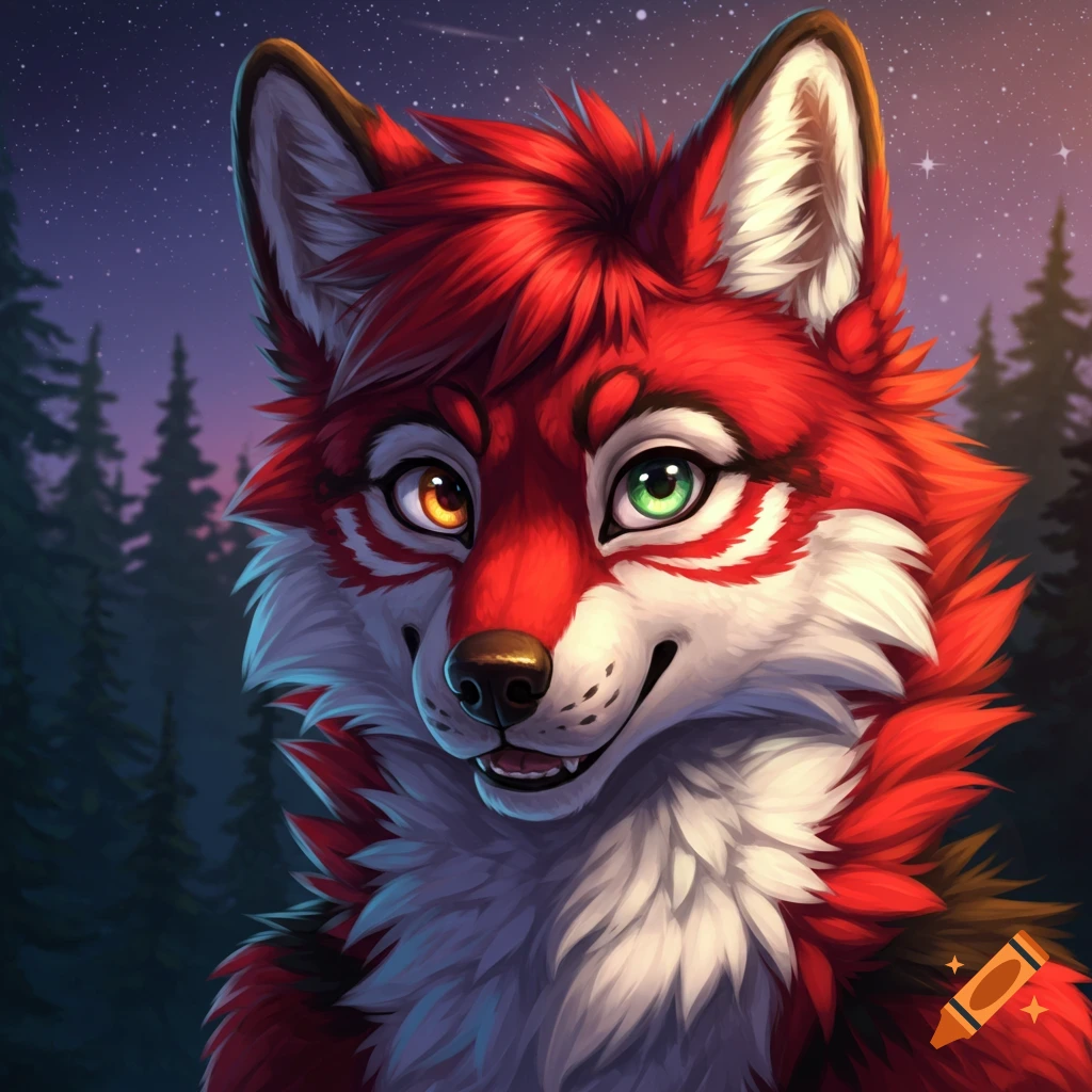 Portrait of a red, white, and black furry wolf with heterochromia against a starry forest.