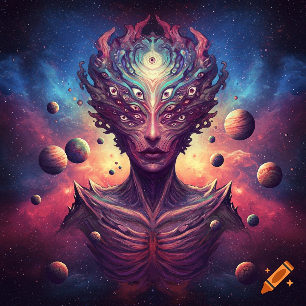 A surreal multi-eyed creature in space surrounded by planets.