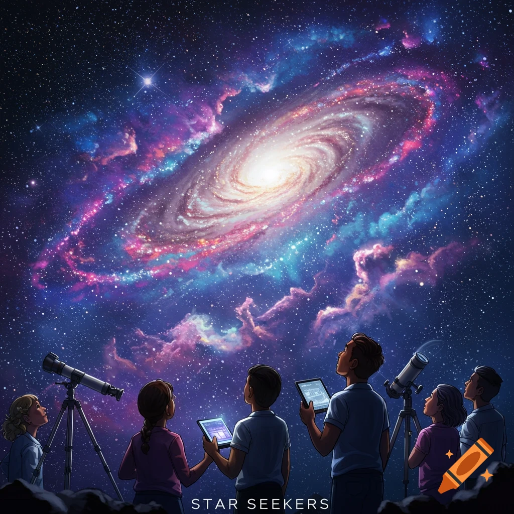 People look at a swirling galaxy through telescopes and tablets.