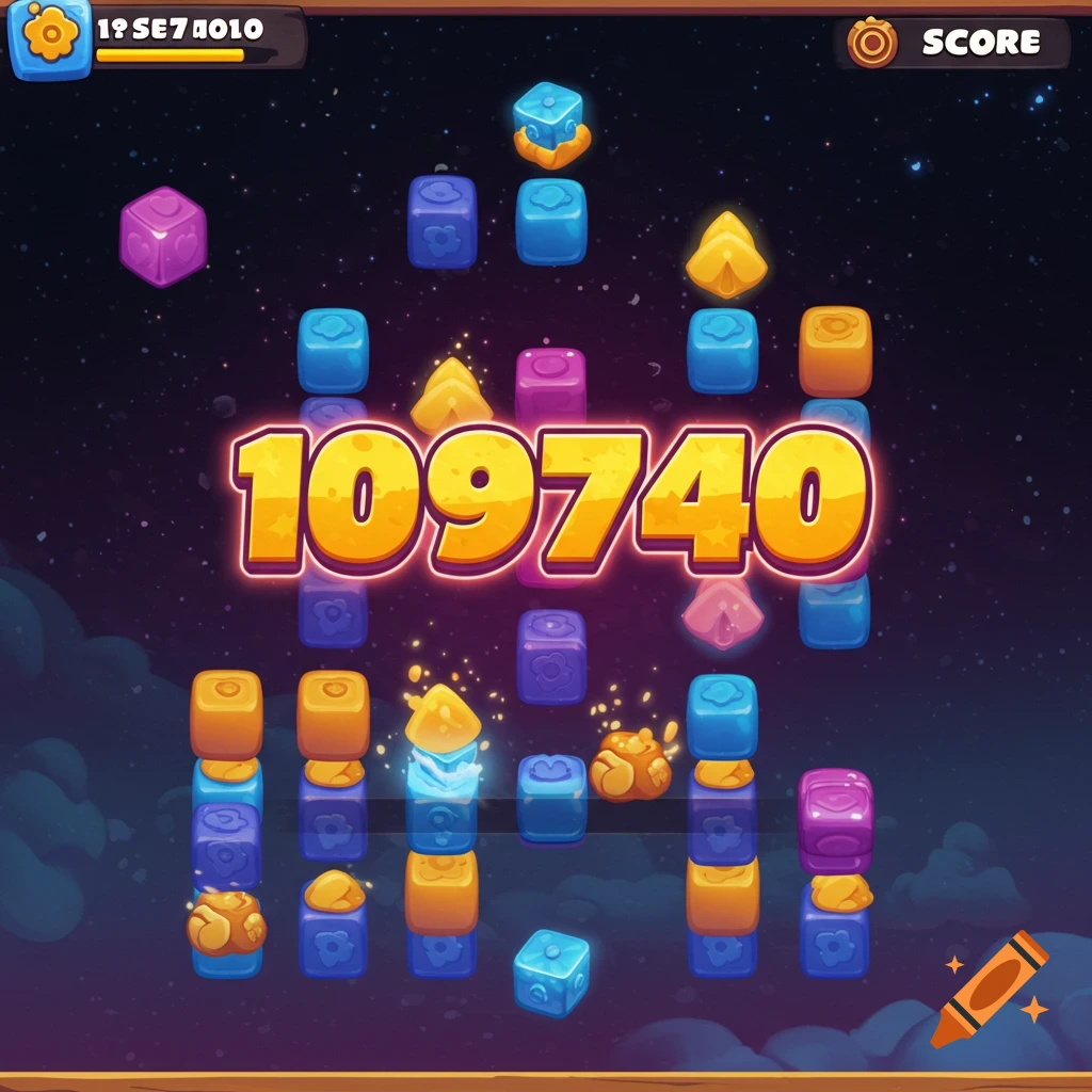 A game score screen showing 109740 among colorful geometric shapes in space.