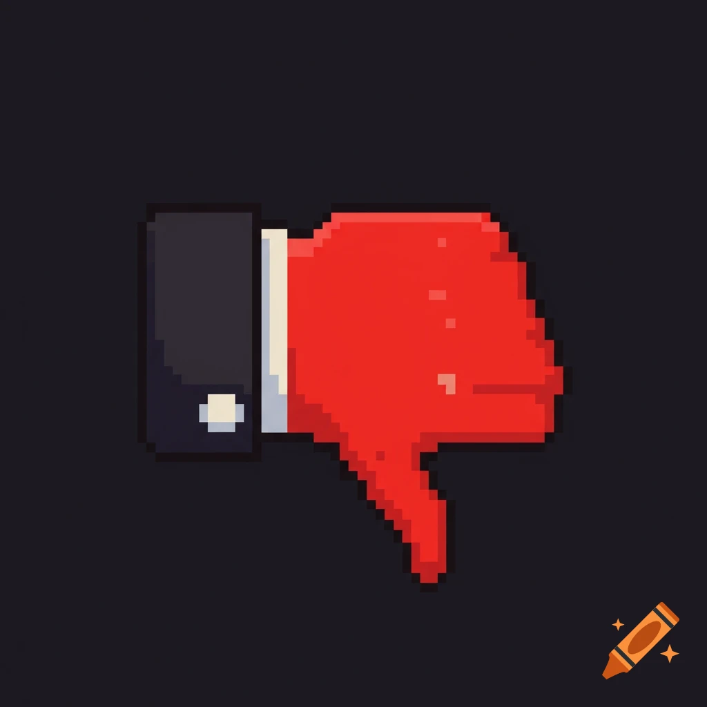 A red pixel art hand in a suit jacket gives a thumbs-down gesture.