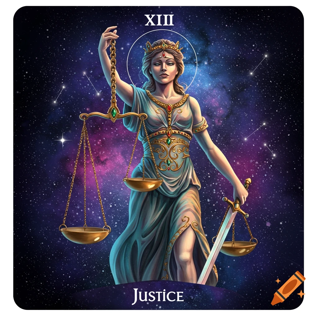 A woman dressed as Justice from tarot, holding scales and a sword against a starry background.