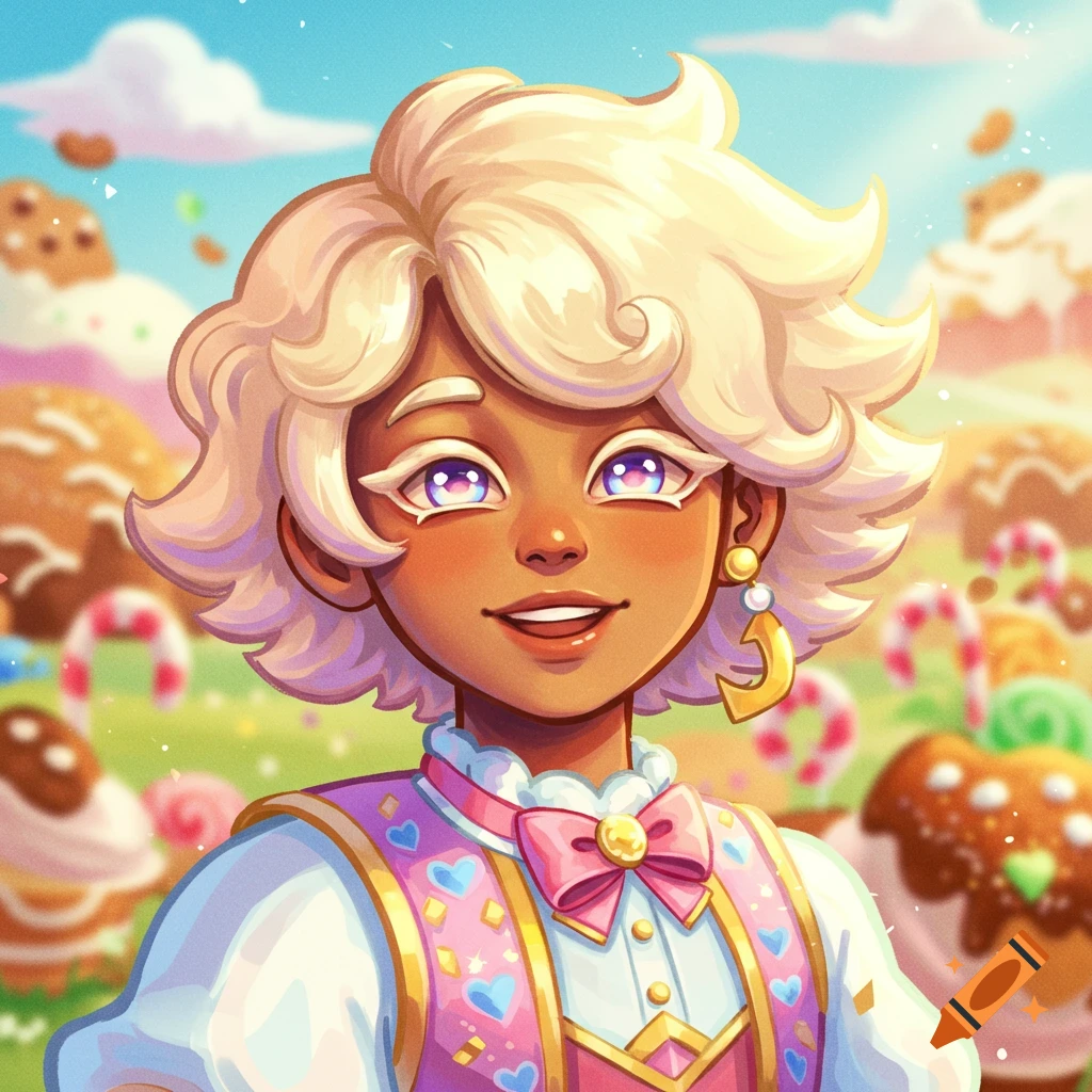 A character with blonde hair is smiling in a candy land