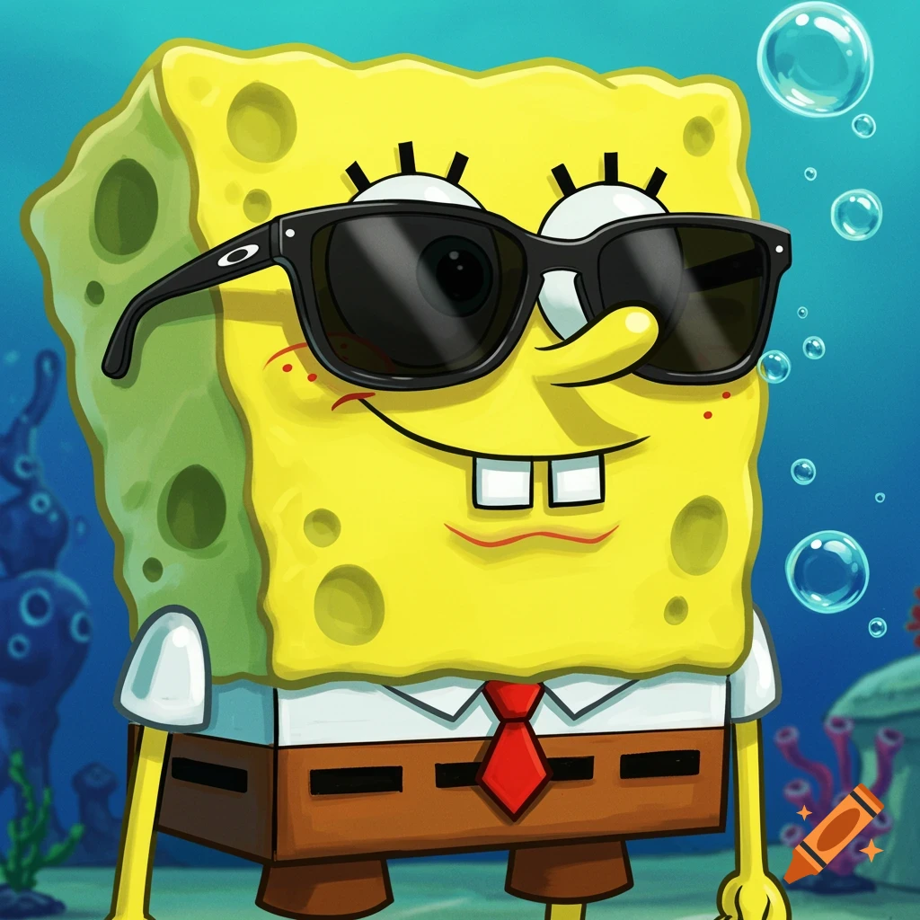 Spongebob Squarepants wearing sunglasses in an underwater scene
