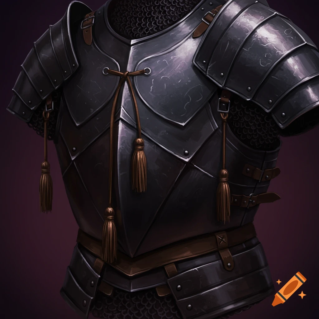 Ornate dark body armor with chainmail and tactical tassels
