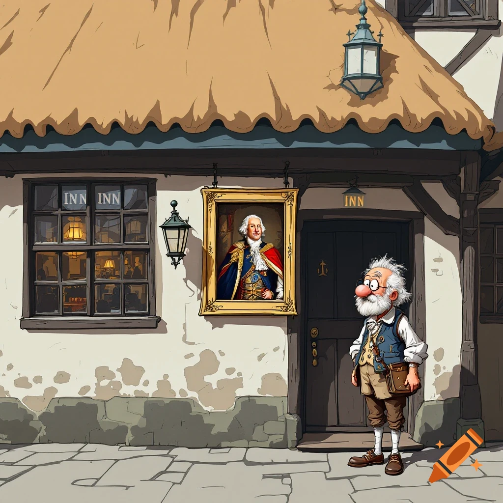 A cartoon old man stands outside an inn with a portrait of George Washington hanging above the door.