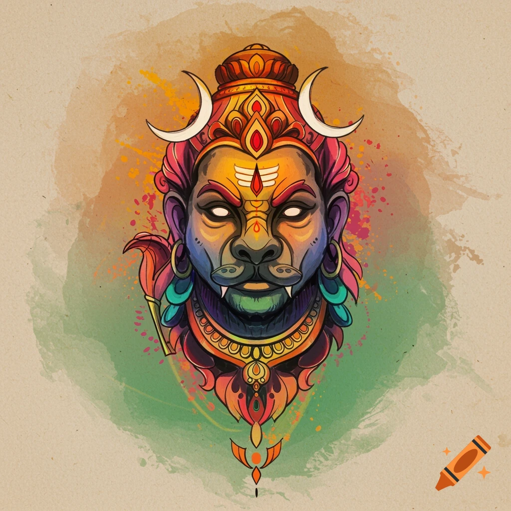 Stylized digital illustration of a Hindu deity's face with fangs, third eye, and headdress on watercolor background.