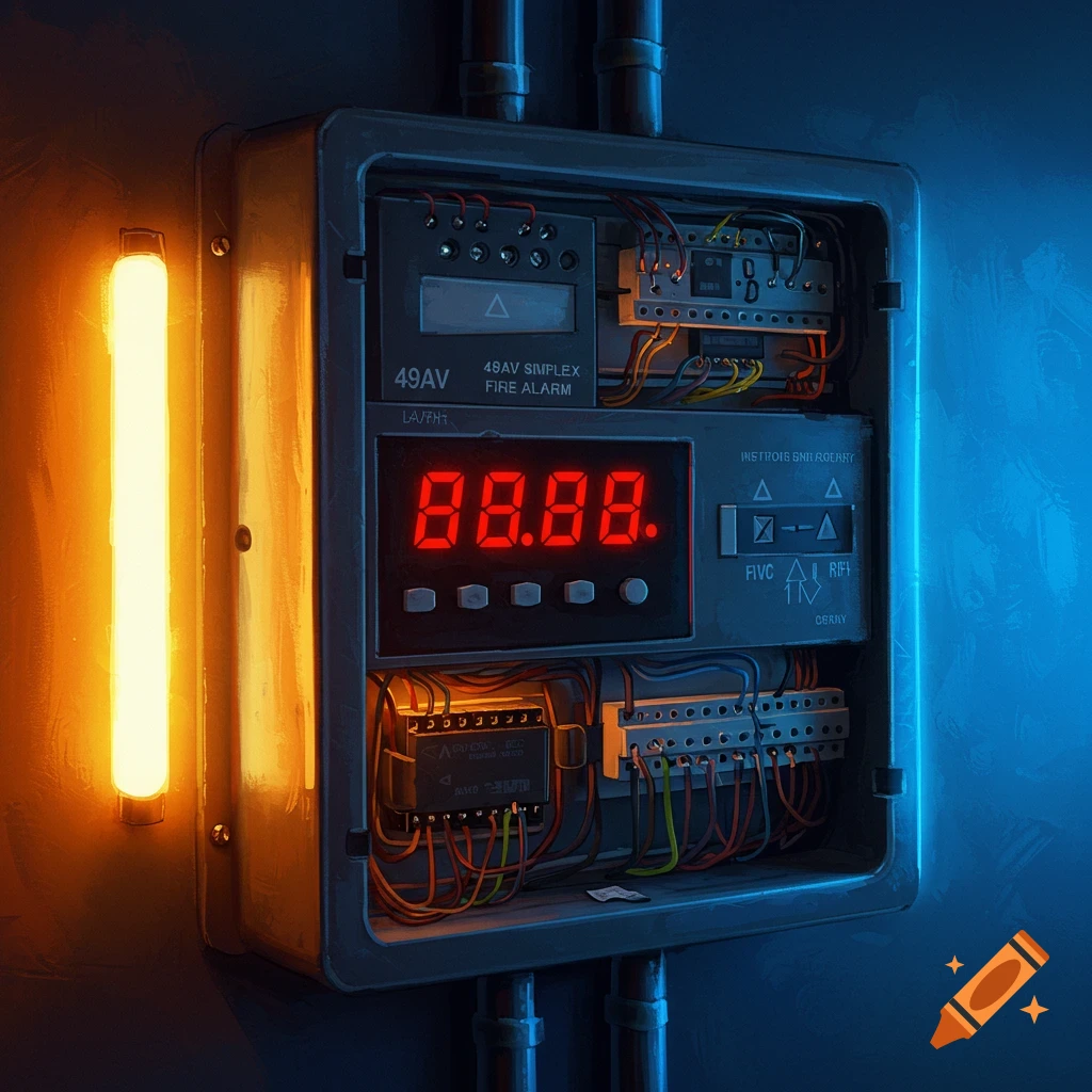 Close-up of a fire alarm panel with a red digital display and exposed wiring, illuminated by a bright yellow-orange light.