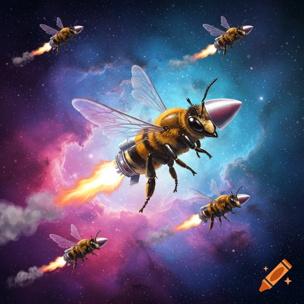 Rocket-propelled bees flying through a colorful space nebula.