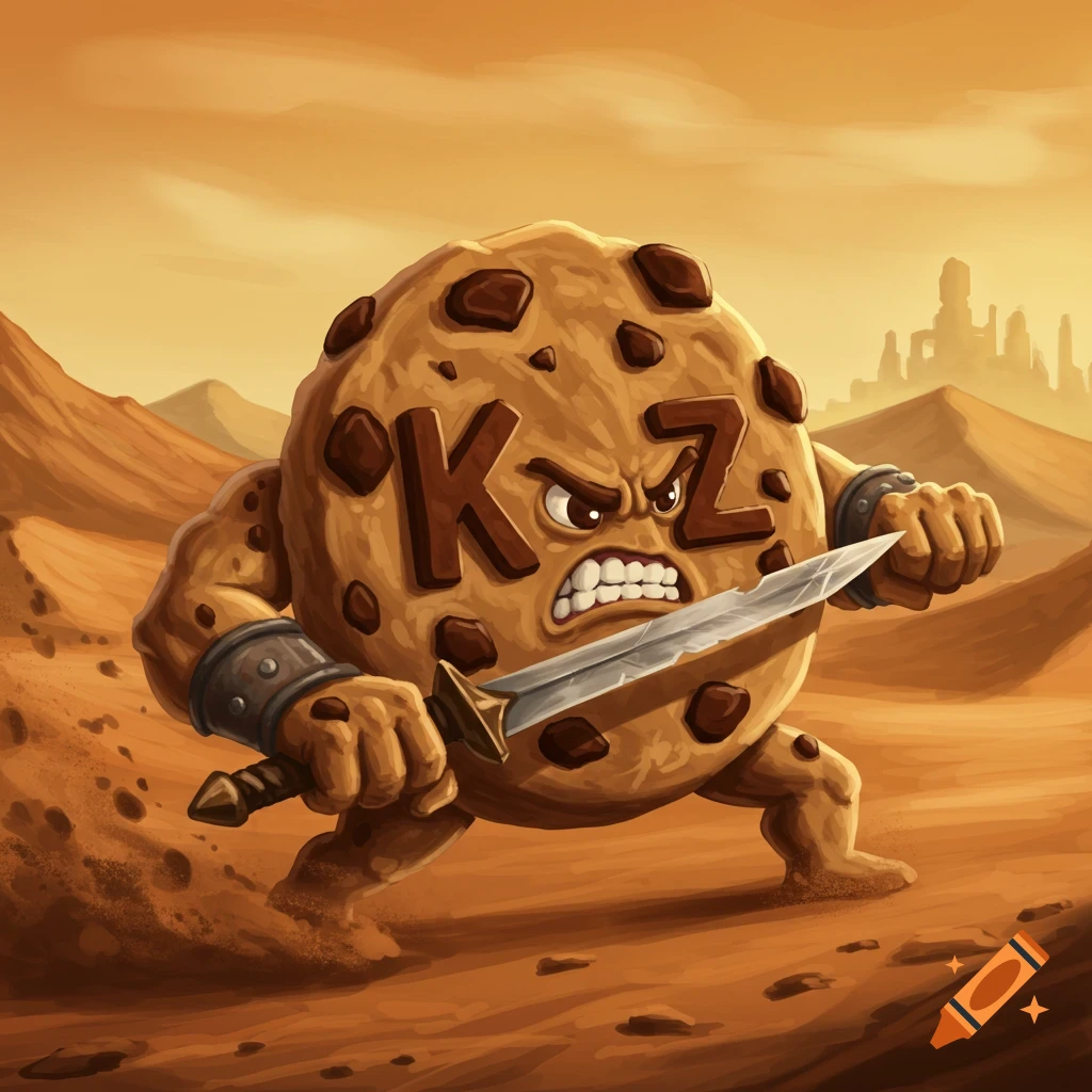 A fierce chocolate chip cookie character holding a sword stands in a desert landscape.