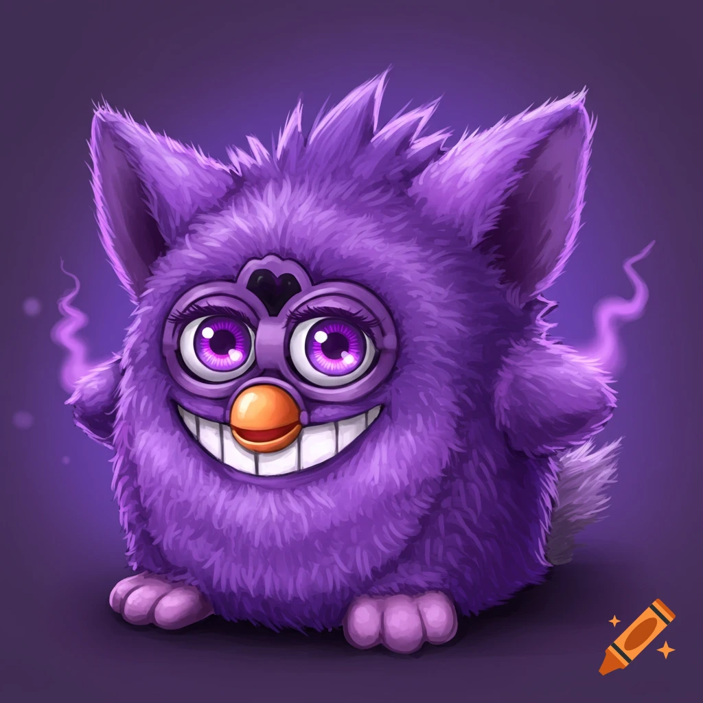 A purple, furry creature with large eyes and a wide grin, inspired by Gengar and Furby.